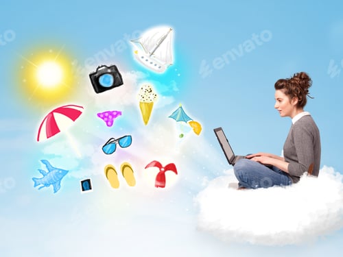 Preview: Pretty Young Woman Sitting In Cloud With Laptop, Summer Travel Concept