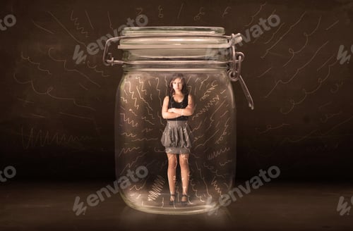 Preview: Businesswoman Inside A Jar With Powerful Hand Drawn Lines Concept On Bakcground