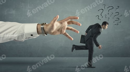 Preview: Businessman With Question Marks Running Away From A Big Hand Concept On Background