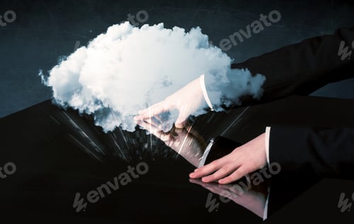 Preview: Male Hands Touching Interactive Table With A White Cloud On It