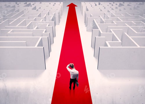 Preview: An Adult Elegant Businessman Standing On A Red Carpet Arrow Pointing Ahead Through A Street With