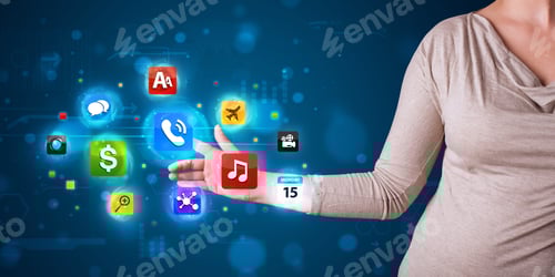 Preview: Young Woman Pressing Various Collection Of High Tech Buttons