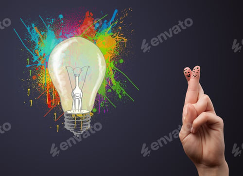 Preview: Happy Cheerful Smiley Fingers Looking At Abstract Hand Drawn Colorful Lightbulb