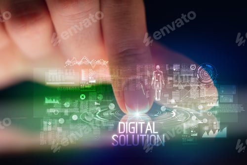 Preview: Finger Touching Tablet With Web Technology Icons And Digital Solution Inscription