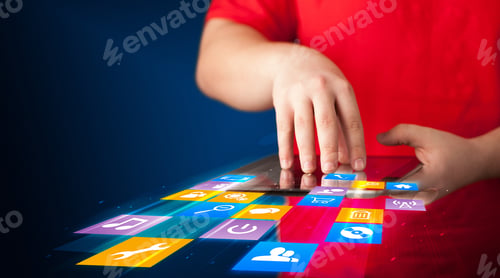 Preview: Hand Holding Tablet Device With Media Application Concept On Background