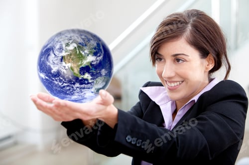 Preview: Business Woman Holding Globe Isolated Over A White Background