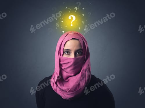 Preview: Young Muslim Woman Wearing Niqab With Yellow Question Marks Above Her Head