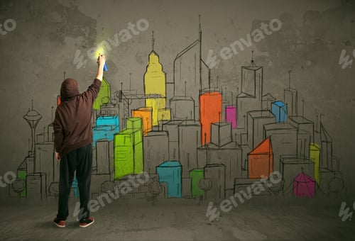 Preview: Young Urban Painter Drawing Colorful City On The Wall