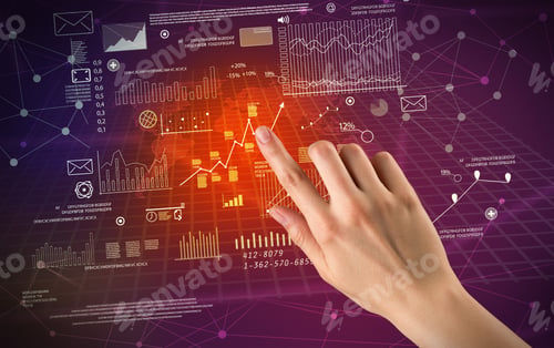 Preview: Female Hand Touching Charts And Graphs On A Red And Purple Background