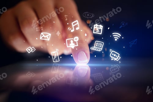 Preview: Finger Touching Tablet With Hologram Application Icons And Dark Background