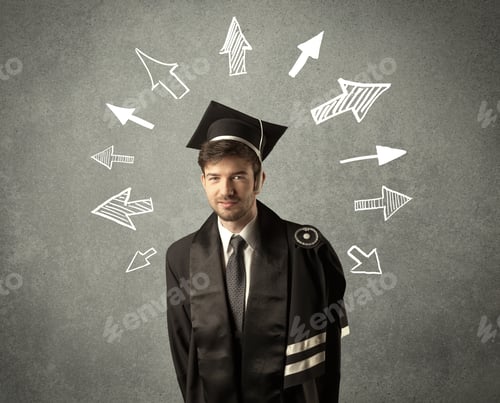 Preview: Young Graduate Student With Hand Drawn Arrows On Wall