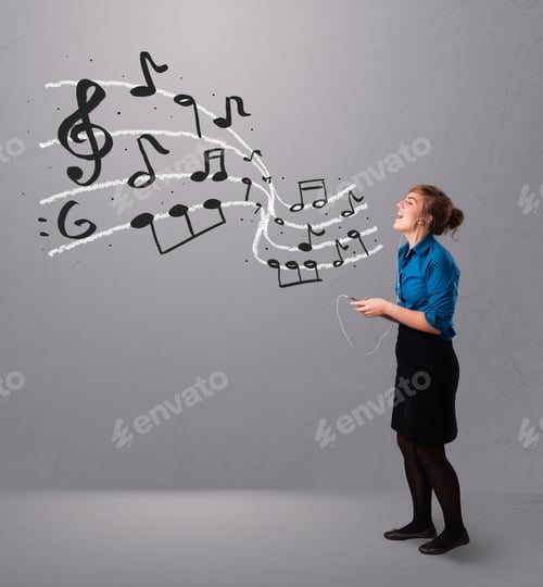 Preview: Attractive Young Lady Singing And Listening To Music With Musical Notes Getting Out Of Her Mouth