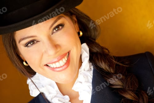 Preview: Beautiful Horsewoman Portrait Wearing A Hat And Smiling