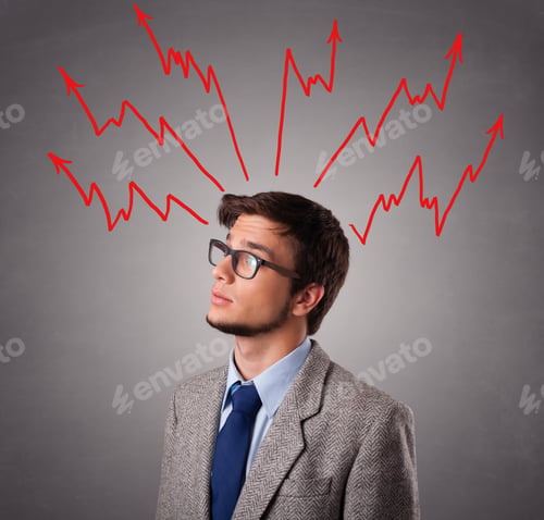 Preview: Handsome Man Standing And Thinking With Arrows Overhead