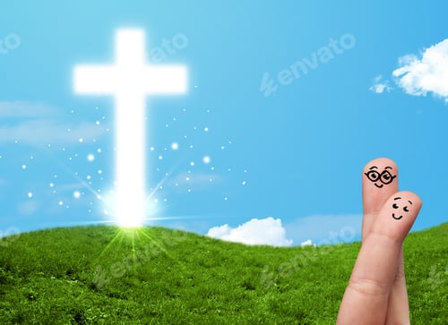 Preview: Happy Finger Smiley Faces On Hand With Christian Religion Cross
