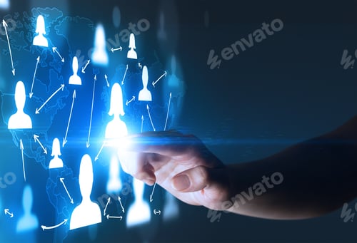 Preview: Female Finger Touching A Beam Of Light Surrounded By Portraits And A World Map Behind It