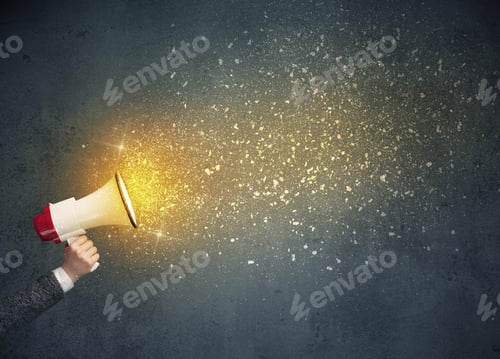 Preview: Caucasian Business Hand Holding Megaphone With Yellow Sparkles
