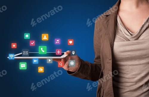 Preview: Casual Young Woman Holding Tablet With Colorful Applications