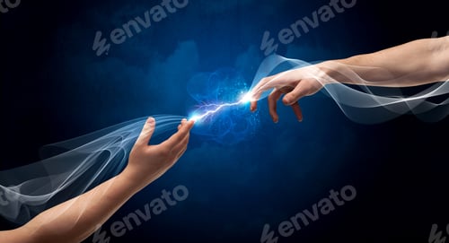 Preview: Two Male Arms Reaching For Each Other, With A Smoking Electric Current Connecting Their Fingers In