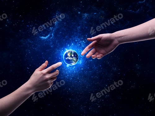 Preview: Male God Hands About To Touch The Earth Globe In The Galaxy With Bright Shining Stars And Blue