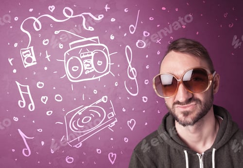 Preview: Happy Funny Guy With Shades And Hand Drawn Media Icons Concept On Background