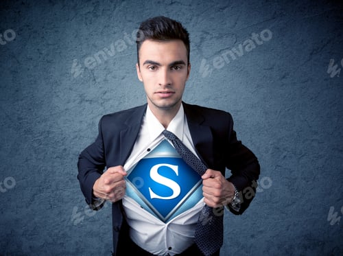 Preview: Businessman Ripping Off His Shirt With Superhero Sign On His Chest Concept On Background