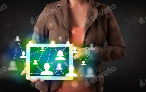 Preview: Young Person Presenting Tablet With Green Social Media Icons And Symbols
