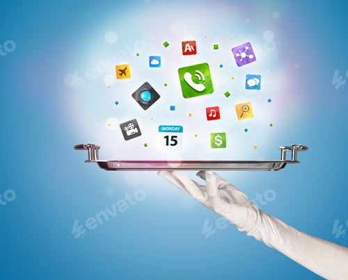 Preview: A Stylish Waiter Hand With White Gloves Holding A Silver Plate Full Of Social Media Communication