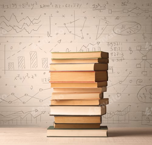 Preview: A Pile Of Books With Math Formulas Written In Doodle Style On Background