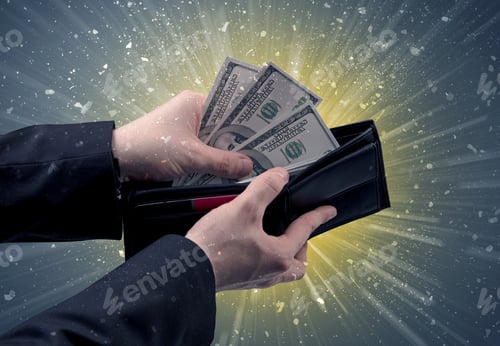 Preview: Businessman Hand Takes Out Dollar From Wallet With Fireworks Background