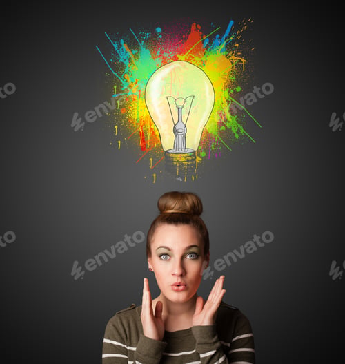Preview: Pretty Young Woman Gesturing With Lightbulb And Paint Splashes Above Her Head