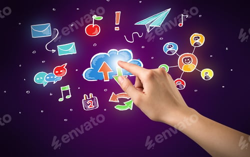 Preview: Female Hand Toucing Mixed Media Icons With Purple Background