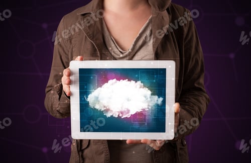 Preview: Casual Young Woman Holding Tablet With Cloud Concept And Purple Background