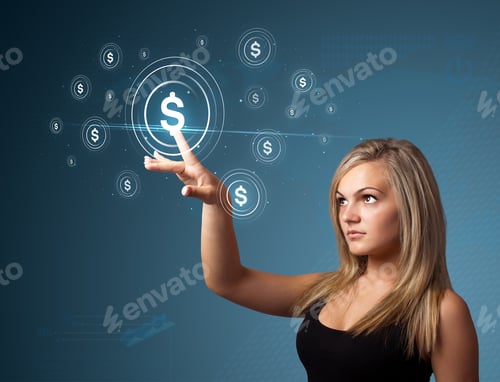 Preview: Businesswoman Pressing Business Type Of Modern Buttons With Virtual Background