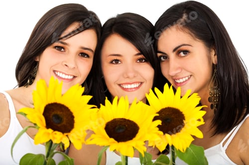 Preview: Three Smiling Women Posing with Yellow Sunflowers