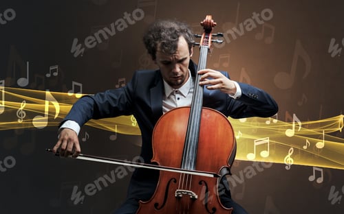 Preview: Young Male Musician Playing On His Cello With Musical Notes Around