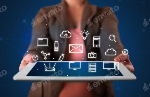 Preview: Casual Young Woman Holding Tablet With Multimedia Icons