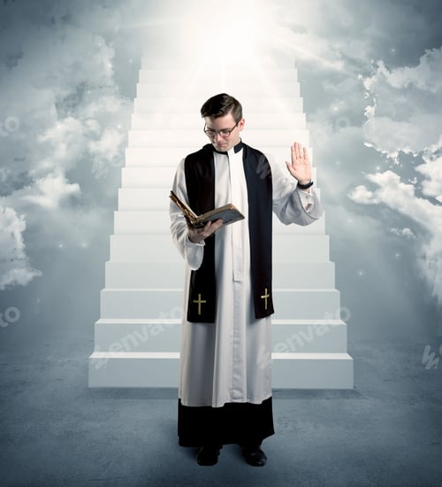 Preview: A Young Religious Happy Priest Standing In Front Of The Stairway To Heaven Concept With Clouds And