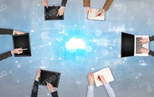 Preview: Group Of People With Devices In Hands Working On Reports With Online Teamwork And Cloud Technology