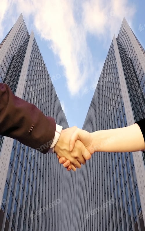 Preview: Sealing Deal In Front Of Corporate Buildings