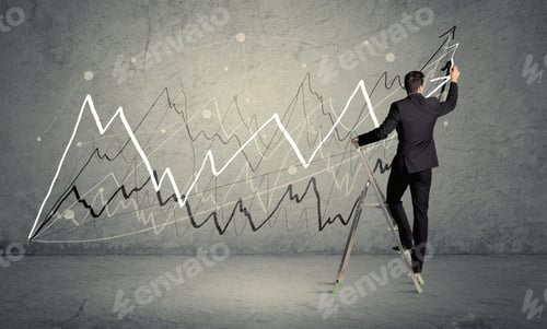Preview: A Male In Elegant Suit Standing On A Small Ladder And Drawing Progressing Lines On Grey Wall
