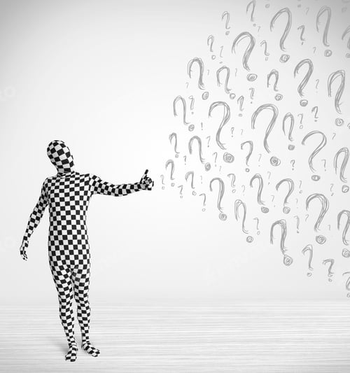 Preview: 3D Human Character Is Body Suit Morphsuit Looking At Hand Drawn Question Marks