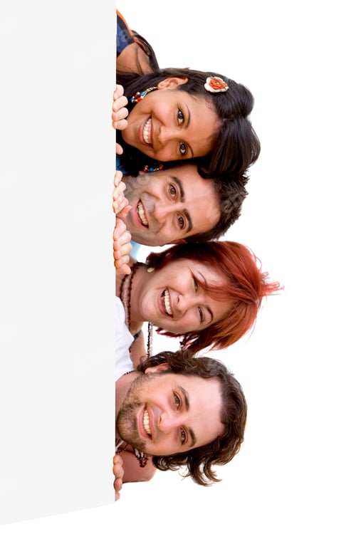 Preview: Happy People Sticking Out Their Heads Of A Banner Isolated Over A White Background