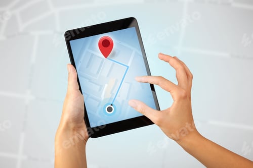 Preview: Female Fingers Touching Tablet With Map