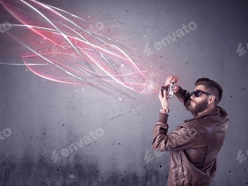 Preview: A Stylish Funny Hipster Person Holding A Vintage Camera And Taking Photographs Illustrated With