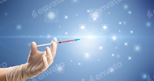 Preview: Female Doctor Hand Holding Syringe With Shiny Crosses In The Background
