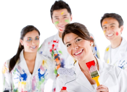 Preview: Group Of Painters With Their Robes Full Of Paint ? Isolated Over White