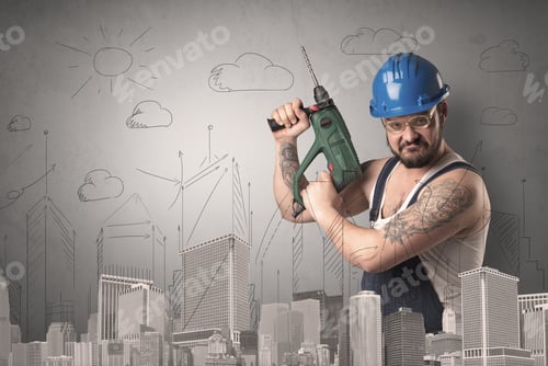 Preview: Handyman With Tool In His Hand And Cityscape Nearby.