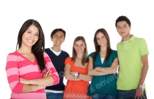 Preview: Beautiful Casual Woman With A Group - Isolated Over A White Background