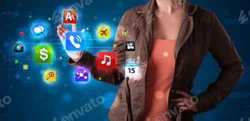 Preview: Young Woman Pressing Various Collection Of High Tech Buttons